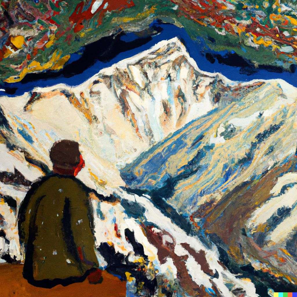 someone gazing at Mount Everest, painting by Jackson Pollock